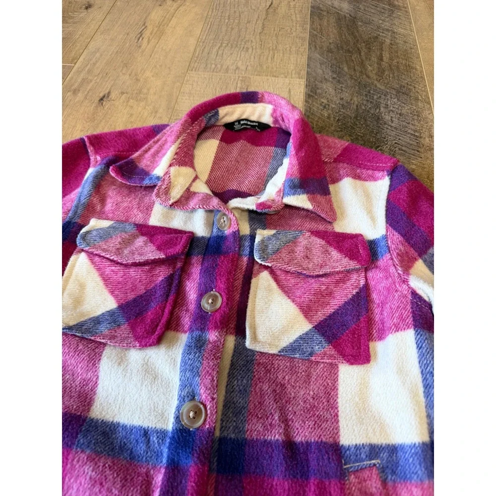 Member's Mark Girls Plaid Shacket Pink Purple White Button Front Size S 6/6X